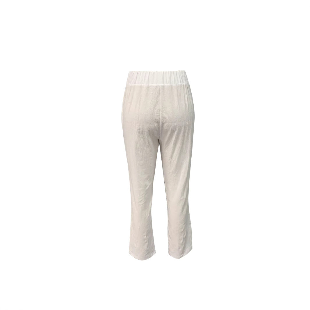 Pantalon en lin léger et aérien pour femme avec taille élastiquée et poches latérales
