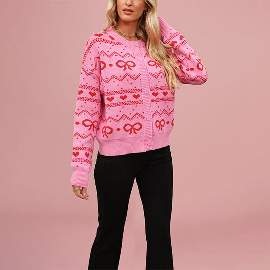 Damen Strickjacke mit verspieltem Herz- und Schleifenmuster Merchesia