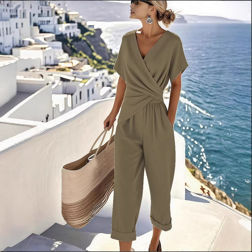 Damen Eleganter Jumpsuit mit Wickeloptik und breiten Beinen