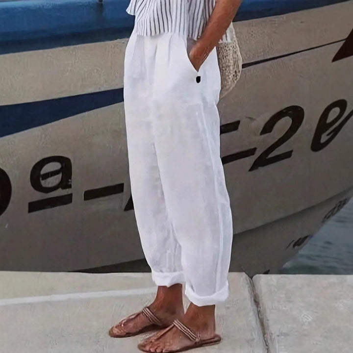 Pantalon en lin léger et aérien pour femme avec taille élastiquée et poches latérales