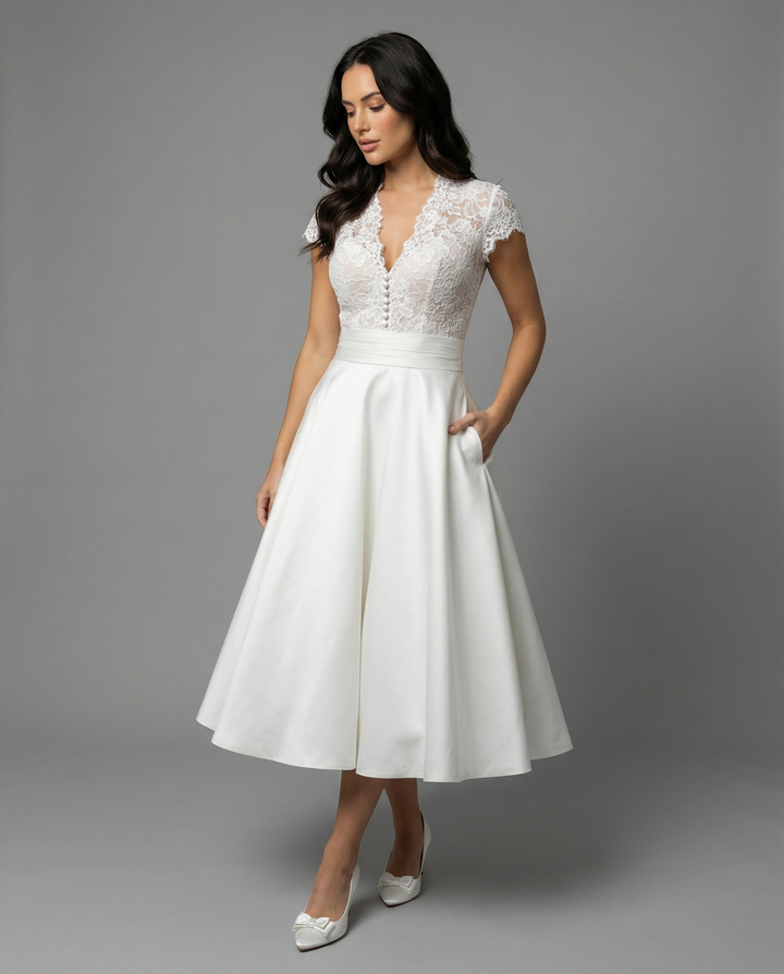Damen Hochwertiges Hochzeitskleid mit Spitzendetails und schwingendem Rock R&B