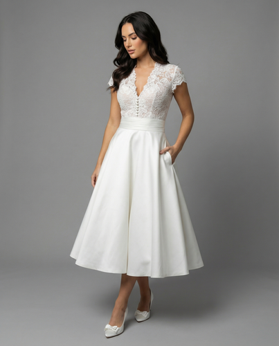Damen Hochwertiges Hochzeitskleid mit Spitzendetails und schwingendem Rock R&B