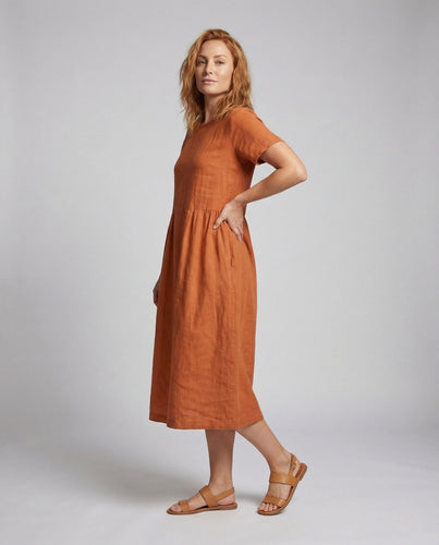 Damen Leinen Baumwoll Midikleid mit Taschen