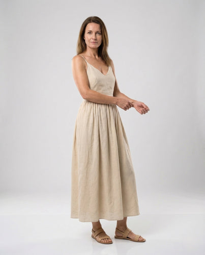 Damen Leinen Midikleid mit Spaghettiträgern & Taschen