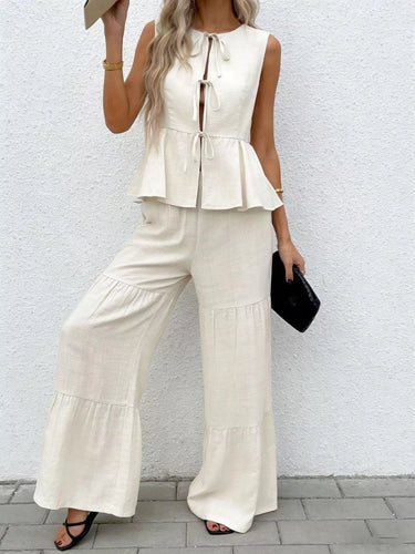 Mouwloos top met strikband en wide-leg broek set